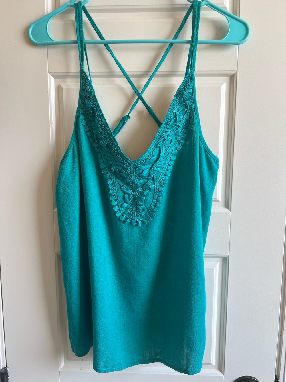 Umgee Teal Crochet-Trim Linen Casual Crisscross Camisole boutique - Picture 5 of 8